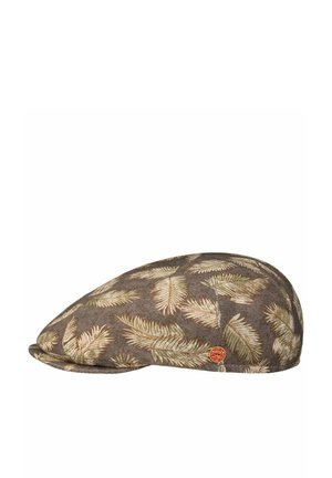 Flat cap with brown background and beige-green palm leaf pattern, featuring a small round red and gold logo on the side.