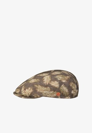 Flat cap with brown background and beige-green palm leaf pattern, featuring a small round red and gold logo on the side.
