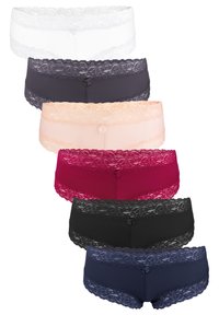 Pack of five pairs of women's shorts in varying colors: white, light peach, dark gray, maroon, black, and navy with lace trim and bow accents.