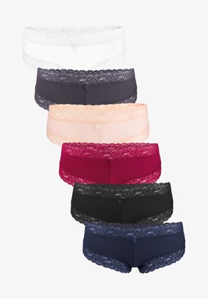 Black hipster underwear made of smooth fabric with lace trim along the waist and legs, featuring a small decorative bow at the center front.