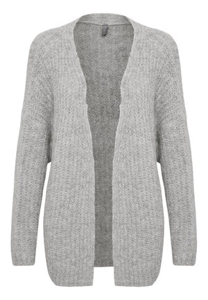 Grijze gebreide cardigan met een open voorkant, lange mouwen en ribbelstructuur. Zachte stof met een losse pasvorm, geschikt voor layering.
