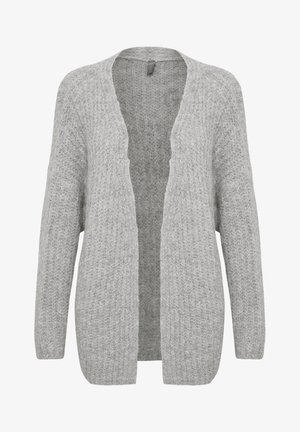 Grauer gestrickter Cardigan mit offenem Frontdesign, langen Ärmeln und geripptem Muster. Weicher Stoff mit lockerer Passform, ideal zum Schichten.