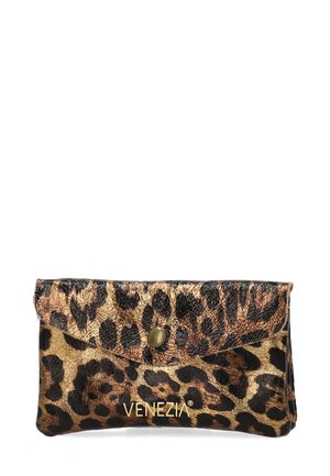 Læder clutch med leopardmønster i tekstureret guld og sort, med en snap-lukning og prægede "VENEZIA" logo på forsiden.