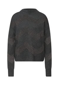 Ciemnoszary sweter o krótkim kroju, z zygzakowatym wzorem wykonanym z połyskujących beżowych nici. Wykonany z miękkiego, teksturowanego dzianego materiału.