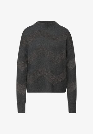 Ciemnoszary sweter o krótkim kroju, z zygzakowatym wzorem wykonanym z połyskujących beżowych nici. Wykonany z miękkiego, teksturowanego dzianego materiału.