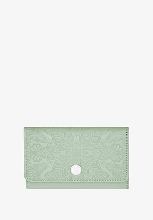Light green wallet made of embossed leather, featuring floral patterns and a silver logo accent. Folded design with a snap closure.