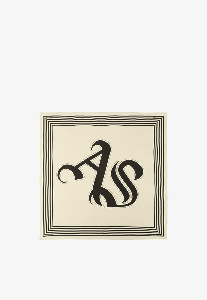 Foulard carré crème avec les lettres stylisées noires "AS" au centre et une bordure noire à plusieurs lignes.