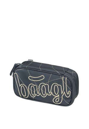 Bustina rettangolare nera con zip e cuciture beige che formano linee astratte e la parola "baagl" sulla parte frontale.