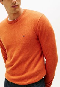 Oranger Strickpullover mit Rundhalsausschnitt, weicher Textur und einem kleinen Logodetail auf der linken Brust. Lange Ärmel, figurbetontes Design.