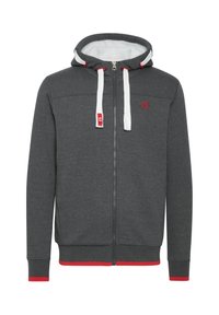 Grijze rits hoodie met een witte fleecevoering, rode accenten op de mouwen, zoom en het logo, voorzien van een ruime capuchon en trekkoorden.