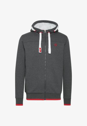 Grå zip-up hoodie med vit fleecefoder, röda detaljer på ärmsluten, nederkant och logotyp, samt en rymlig huva med dragsko.
