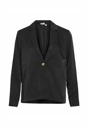 Černý lněný blazer s texturovaným povrchem, jednobarevným zlatým knoflíkem, klopovými límci a dlouhými rukávy s volným střihem.