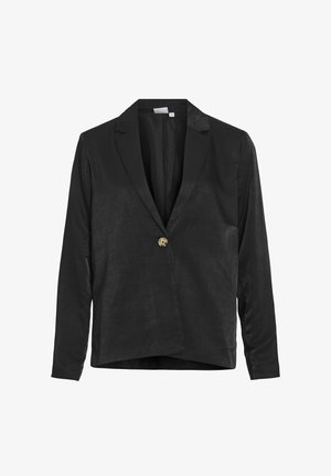 Svart linblazer med en texturerad yta, enkel guldklickning, urklippta slag och långa ärmar med en avslappnad silhuett.