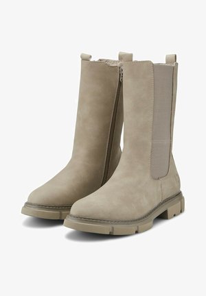 Beige Ankle Boots aus glattem Wildleder mit seitlichem Reißverschluss und elastischem Einsatz. Der robuste Gummisohle mit Nähdetails an der Zehe.