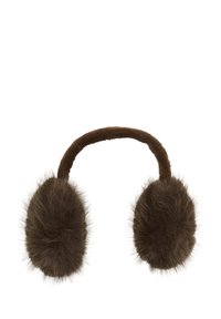 Rudos dirbtinio kailio ausų dangteliai su minkšta tekstūra, sujungti rudos audinio juostele, turinčia apvalius galiukus ausų dengimui.