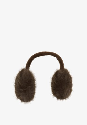 Smeđe obostrane ušišne navlake od umjetnog krzna sa mekanom teksturom, povezane smeđom tkaninom trakom, s zaobljenim krajevima koji prekrivaju uši.