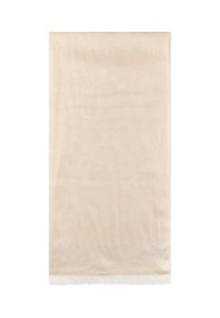 Écharpe beige en tissu doux, avec un motif géométrique subtil et des bords frangés pour une texture supplémentaire.