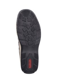 Black rubber sole with textured tread pattern, featuring a red "rieker" logo. Designed for grip and traction. Size 37 marked on the sole.