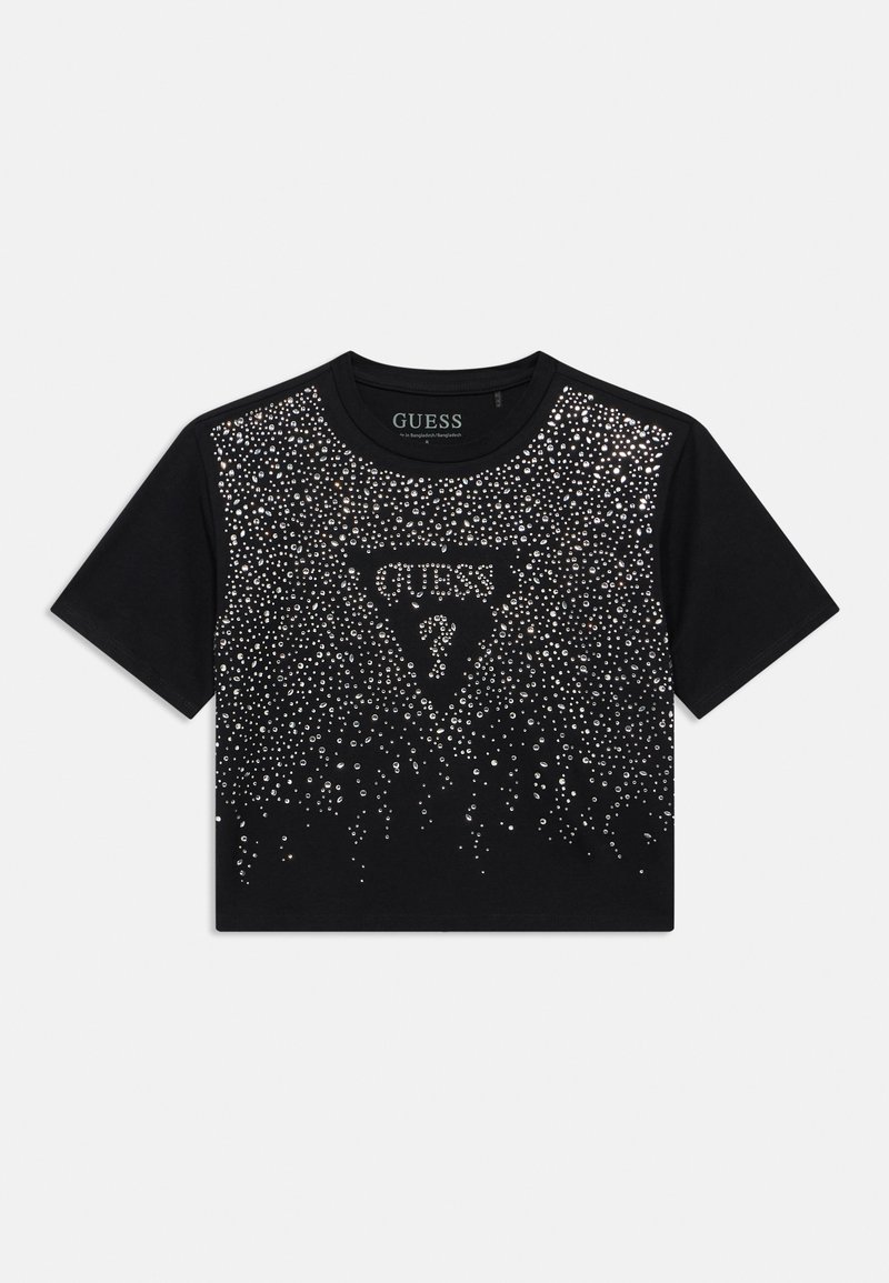 Black short-sleeve T-shirt featuring scattering silver rhinestones, a graphic triangle with "GUESS" text, and a classic crew neck design.