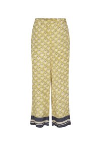 Pantaloni gialli a fantasia con un elastico in vita, caratterizzati da un motivo floreale in bianco e blu navy, e un dettagli di orlo a righe scure.