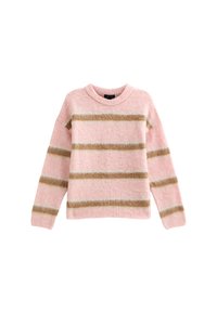 Roze trui met horizontale strepen in beige en wit. Gemaakt van zachte stof, met een ronde hals en ruime lange mouwen.