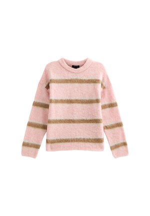 Roze trui met horizontale strepen in beige en wit. Gemaakt van zachte stof, met een ronde hals en ruime lange mouwen.