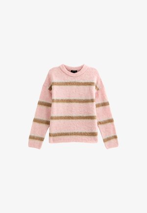 Pull rose avec des rayures horizontales en beige et blanc. Fabriqué en matériau doux, doté d'un col rond et de manches longues amples.