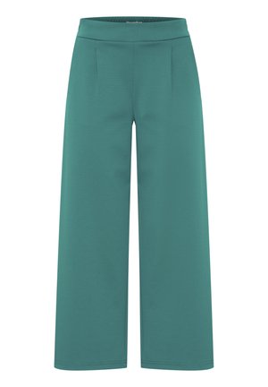 Pantalones de pierna ancha en teal, confeccionados en una tela suave, con cintura elástica y pinzas en la parte frontal, con un acabado mate y suave.