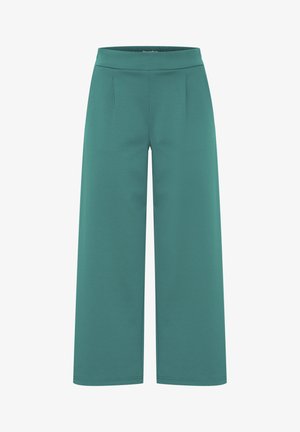 Pantalones de pierna ancha en teal, confeccionados en una tela suave, con cintura elástica y pinzas en la parte frontal, con un acabado mate y suave.