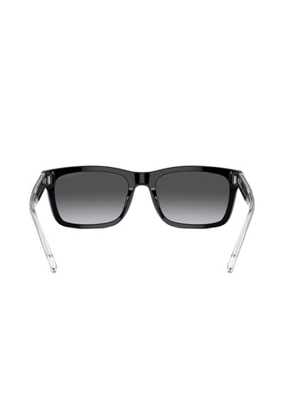 Occhiali da sole neri con montatura rettangolare, lenti sfumate e aste trasparenti; design elegante e superficie liscia.