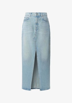 Falda de mezclilla azul claro con abertura frontal, diseño de cinco bolsillos y passadores para cinturón. Fabricada en algodón con una textura suave y un ligero desvanecimiento.