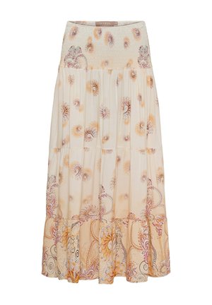 Creme maxi nederdel med elastisk smocket taljebånd, med orange og brune blomster- og paisley-mønstre på lagdelt stof.