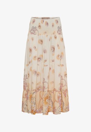 Creme maxi nederdel med elastisk smocket taljebånd, med orange og brune blomster- og paisley-mønstre på lagdelt stof.