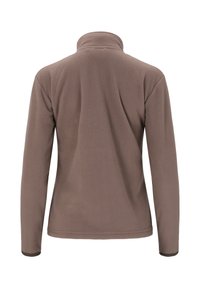 Pullover in pile marrone con collo alto, maniche lunghe e texture morbida. Retro senza cuciture, senza fissaggi o decorazioni visibili.