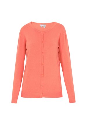 Coral pink cardigan, long sleeves, round neckline, ribbed cuffs, and hem. Features buttons down the front, made of soft, lightweight fabric.