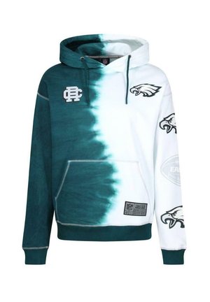 Hoodie featuring a gradient design from teal to white, with eagle logos on sleeves, front pouch pocket, and ribbed cuffs.