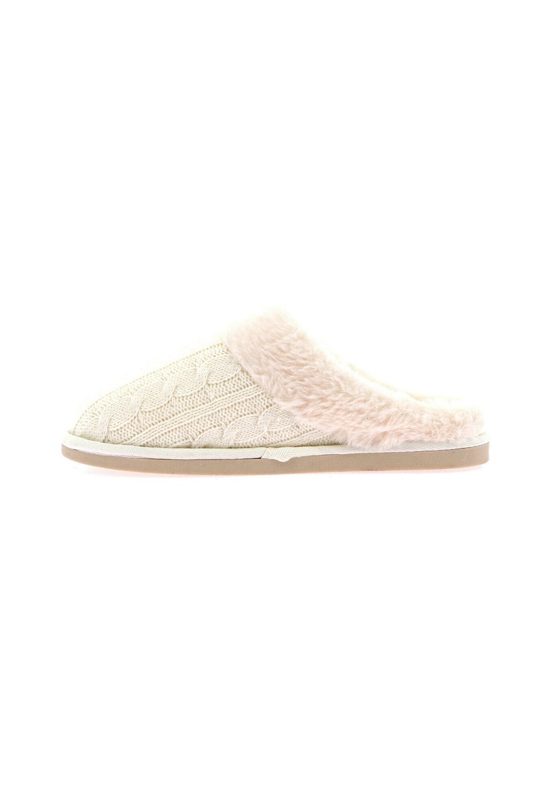 Pantofole open-toe con tomaia lavorata a maglia di colore crema con motivo a cordoncino, risvolto in finta pelliccia rosa chiaro e suola in gomma beige.