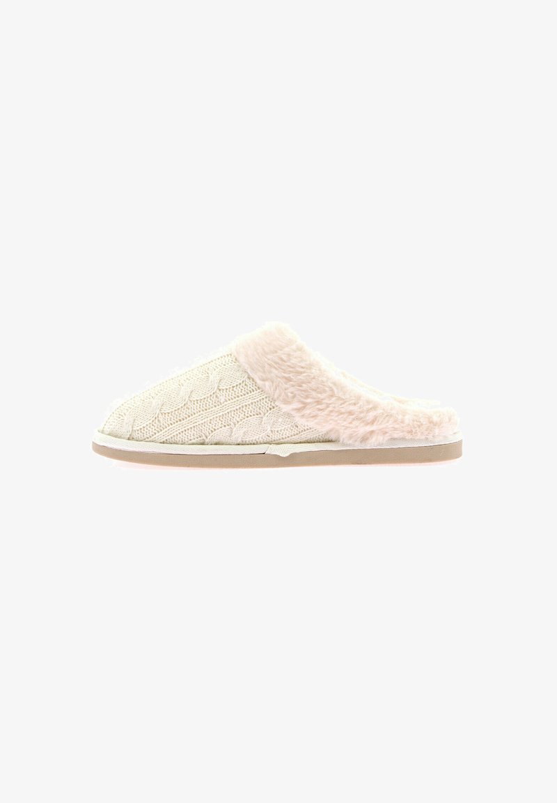 Pantofole open-toe con tomaia lavorata a maglia di colore crema con motivo a cordoncino, risvolto in finta pelliccia rosa chiaro e suola in gomma beige.