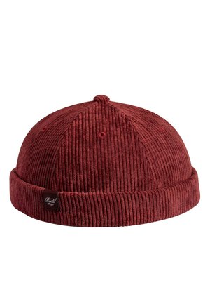 Maroon ribbed knit beanie hat with a turned-up brim and small black label on the side.