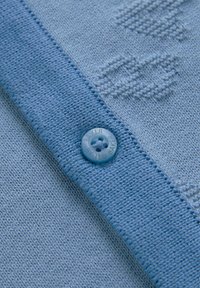 Lichtblauwe gebreide trui met een ribbelkraag en een ronde blauwe knoop met de tekst "BAKER", die een gestructureerd patroon toont.