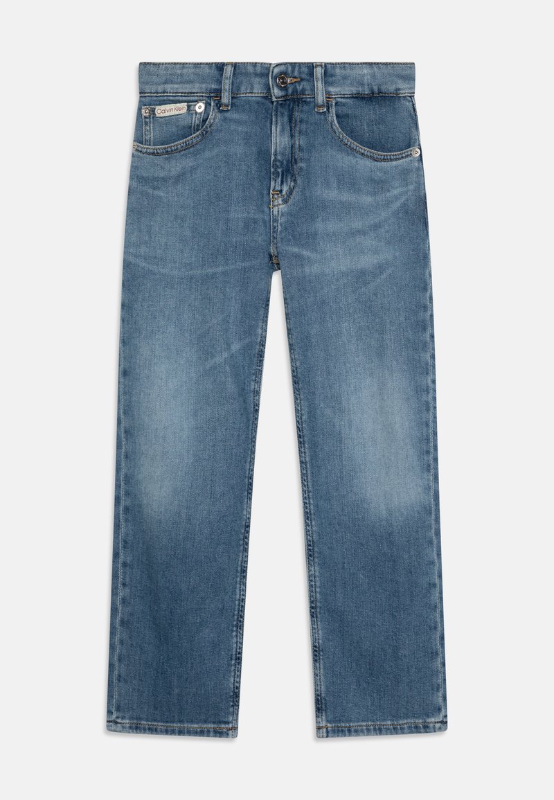 Blue denim jeans with a straight fit, five pockets, visible stitching, and a button closure. Slightly faded finish.