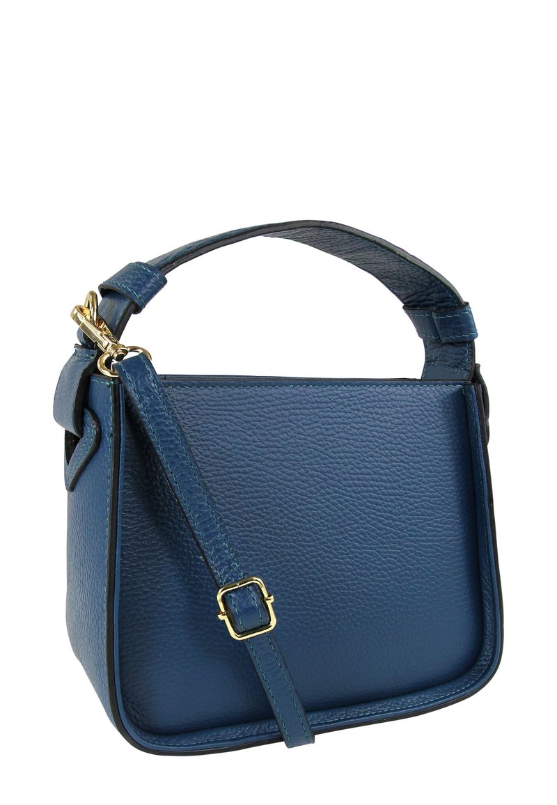 Diepblauwe leren handtas met een gestructureerd oppervlak, afgeronde vorm, bovenhandvat en een verstelbare schouderband met gouden hardware.