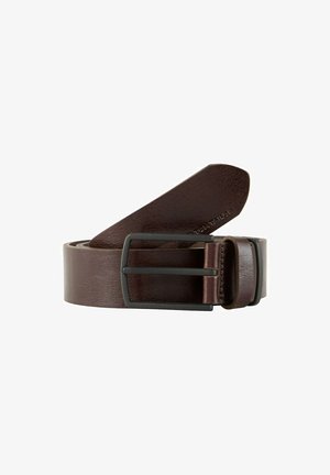 Brown leather belt with a textured finish, featuring a matte black metal buckle and a tapered end for styling versatility.