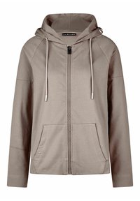 Jasna beżowa kurtka z kapturem, zapinana na zamek z przodu, z dwoma bocznymi kieszeniami i troczkami. Charakteryzuje się miękką fakturą i raglanowymi rękawami.
