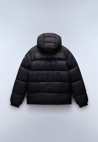 Czarna kurtka puchowa z kapturem, z pikowanym wzorem, elastycznymi mankietami i tekstem logo na górnej części pleców. Gładka, błyszcząca tekstura.