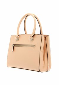 Peach-colored handbag with a structured design, dual top handles, silver hardware, and a front zip pocket with black accents along the edges.