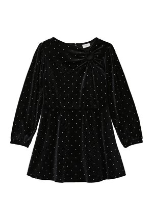 Schwarzes Samtkleid mit langen Puffärmeln, rundem Ausschnitt und geraffter Taille. Weiße Polka-Dots und ein geknotetes Detail an der Vorderseite.
