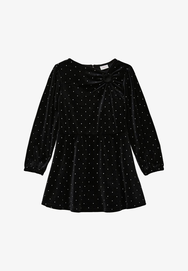 Robe en velours noir avec de longues manches bouffantes, un décolleté rond et une taille froncée. Pois blancs et un détail noué à l'avant.