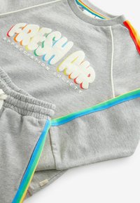 Grijze sweatshirt en joggingset met de tekst "FRESH AIR". Kenmerkt zich door kleurrijke zijstrepen en een zachte textuur, ideaal voor casual wear.