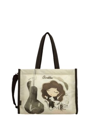 Borsa tote beige con manici neri, raffigurante una bambina dei cartoni animati con capelli castani e un'illustrazione astratta di chitarra.